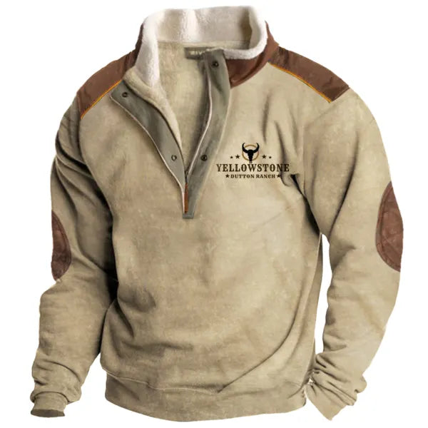 Men's Vintage Western Yellowstone Zipper Stand Collar Fleece Elbow Patch Sweatshirt - 23233