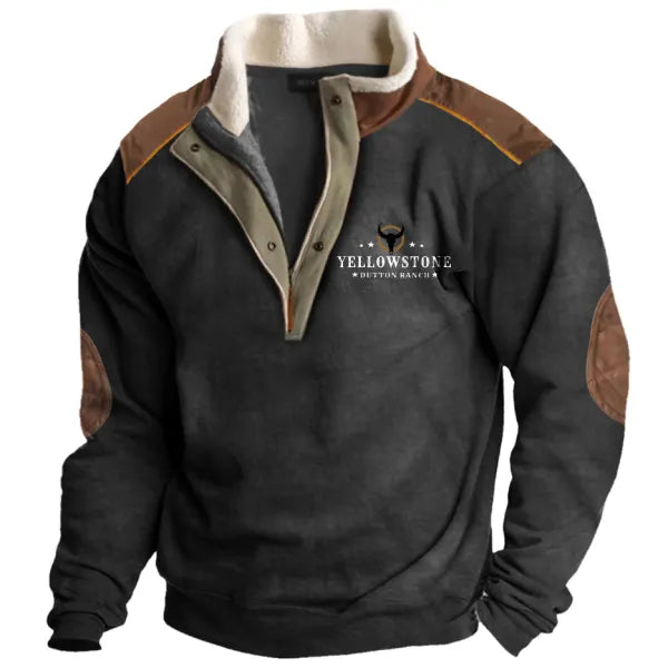 Men's Vintage Western Yellowstone Zipper Stand Collar Fleece Elbow Patch Sweatshirt - 23233