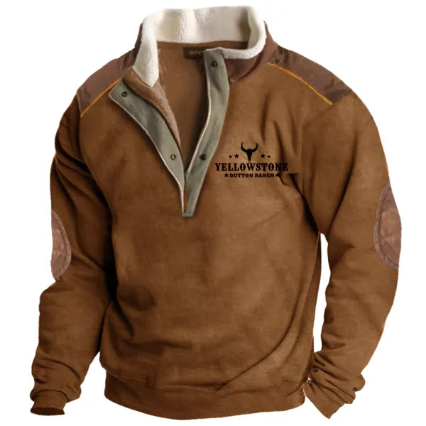 Men's Vintage Western Yellowstone Zipper Stand Collar Fleece Elbow Patch Sweatshirt - 23233