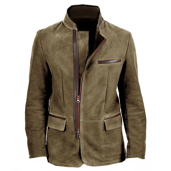 Men Vintage Stand Collar Suede Blazer Side Zip Fly Contrast Leather Webbing Medium Length Jacket Coats-23329