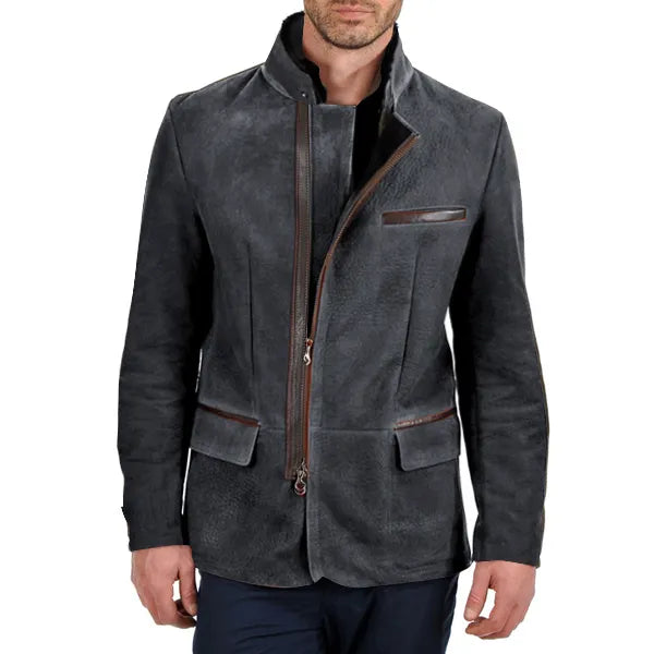 Men Vintage Stand Collar Suede Blazer Side Zip Fly Contrast Leather Webbing Medium Length Jacket Coats-23329