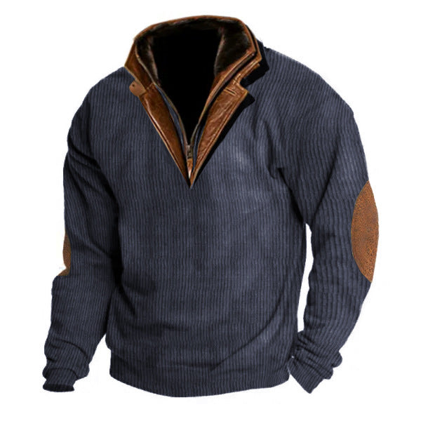 Men's Outdoor Casual Zip Polo Stand Collar Long Sleeve Sweatshirt Double Layer Lapel Fur Leather Collar Pullover- 23341