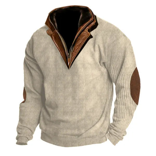 Men's Outdoor Casual Zip Polo Stand Collar Long Sleeve Sweatshirt Double Layer Lapel Fur Leather Collar Pullover- 23341