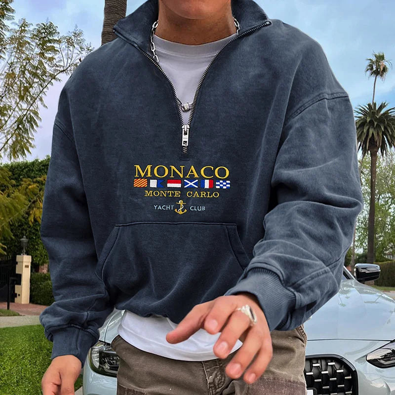 Vintage Unisex Monaco Monte Carlo Yachting Polo Neck Sweatshirt Zipper Half Open Collar Pullover Sweatshirt - 23547