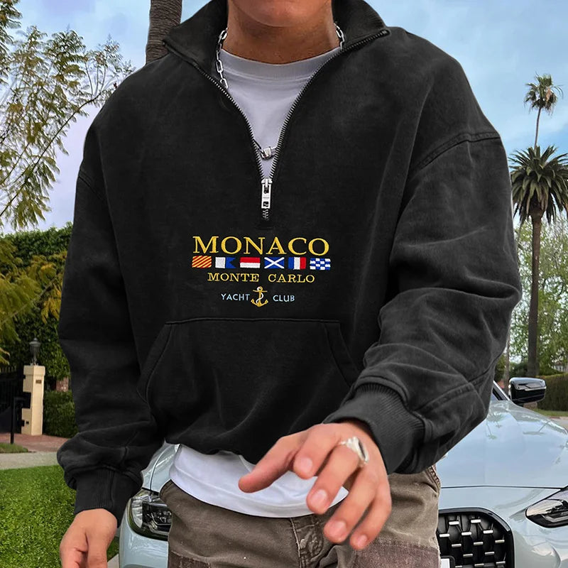 Vintage Unisex Monaco Monte Carlo Yachting Polo Neck Sweatshirt Zipper Half Open Collar Pullover Sweatshirt - 23547