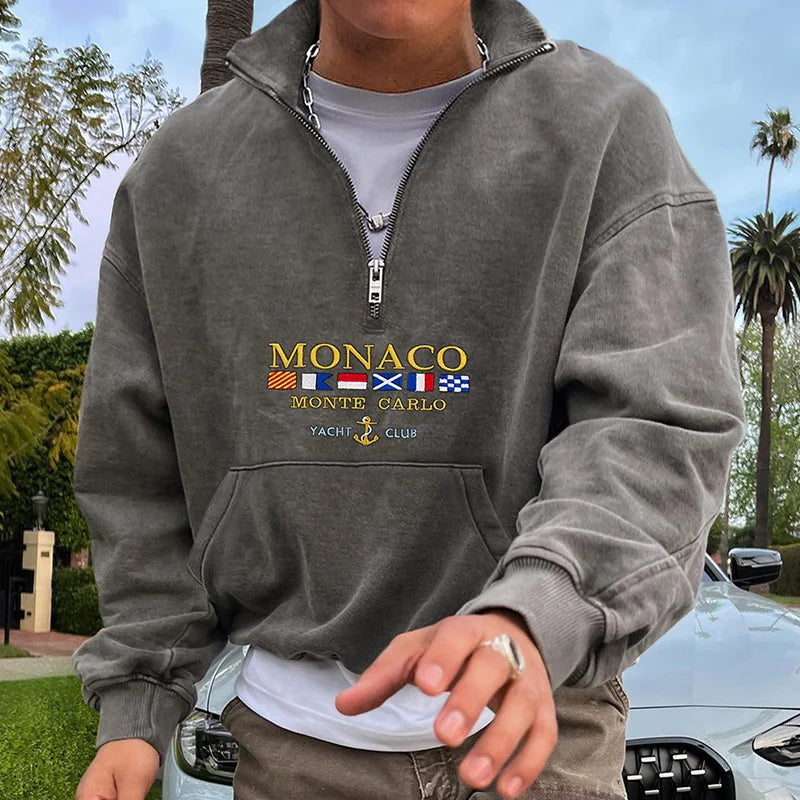 Vintage Unisex Monaco Monte Carlo Yachting Polo Neck Sweatshirt Zipper Half Open Collar Pullover Sweatshirt - 23547