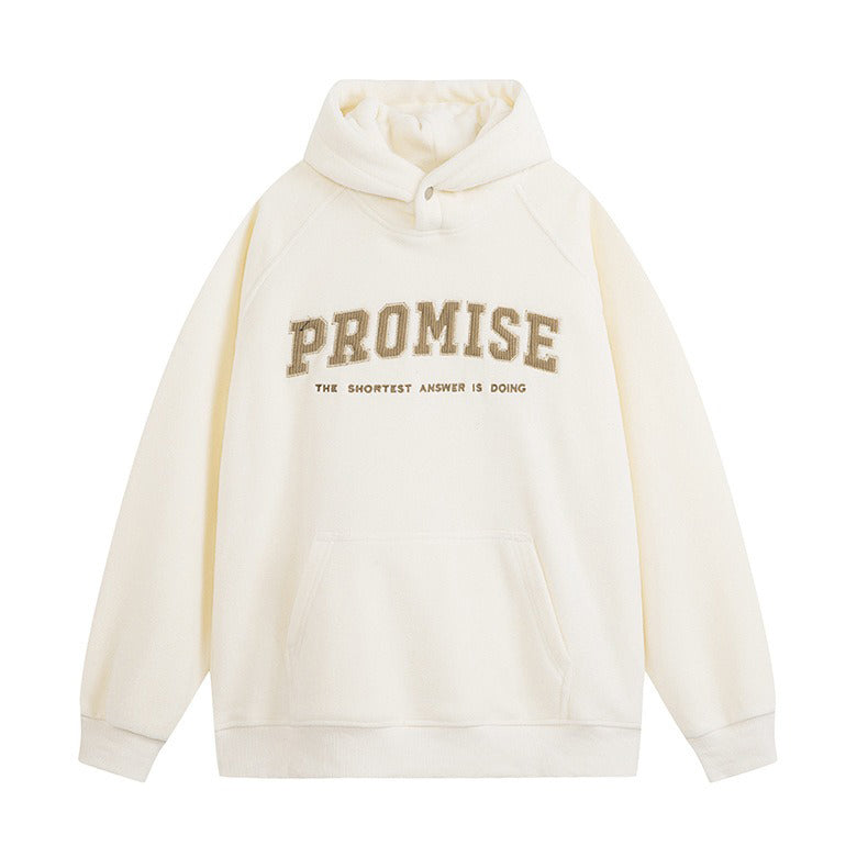 Unisex 'Promise' Letter Print Double-Sided Fleece Loose Half-Zip Sweatshirt
