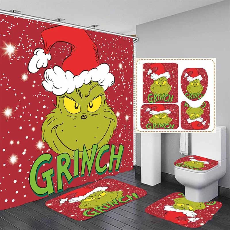 Christmas Green Furry Monster Bathroom Waterproof Partition Curtain 4-Piece Set - 23415