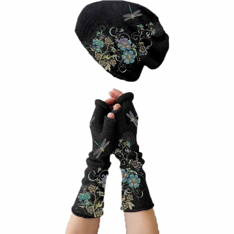 VINTAGE DRAGONFLY FLORAL PRINT KNITTED HAT + FINGERLESS GLOVES SET(2 PIECES) - WM23021