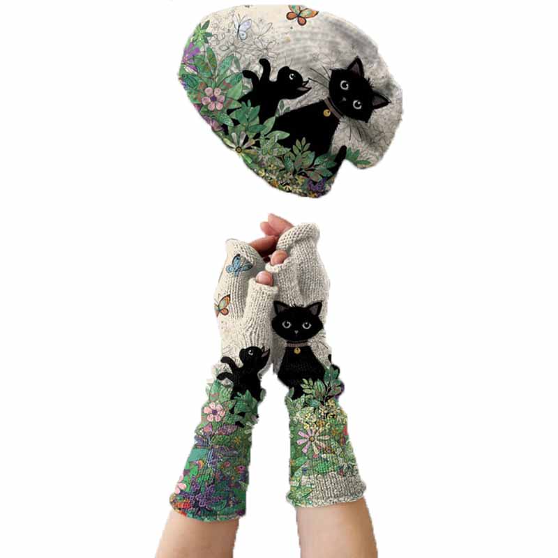 VINTAGE CAT PRINT KNITTED HAT + FINGERLESS GLOVES SET(2 PIECES) - WM23022