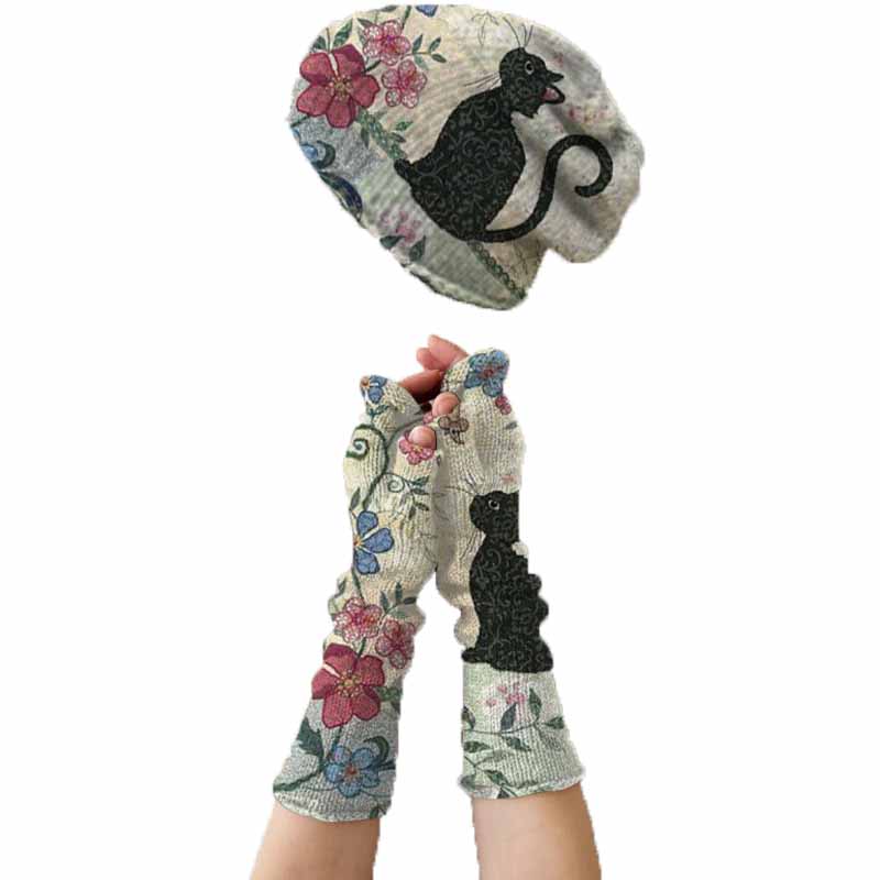 VINTAGE CAT PRINT KNITTED HAT + FINGERLESS GLOVES SET(2 PIECES) - WM23024