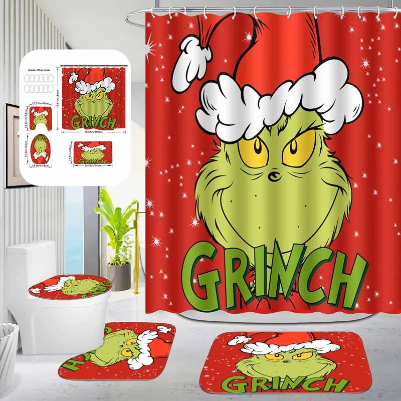 Christmas Green Furry Monster Bathroom Waterproof Partition Curtain 4-Piece Set - 23415