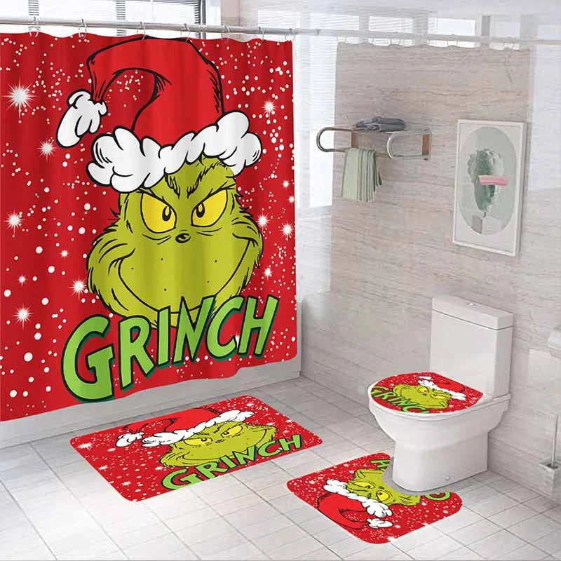 Christmas Green Furry Monster Bathroom Waterproof Partition Curtain 4-Piece Set - 23415