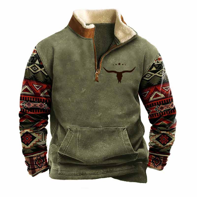 Men's Aztec Vintage Western Yellowstone Colorblock Zipper Stand Collar Sweatshirt -23205