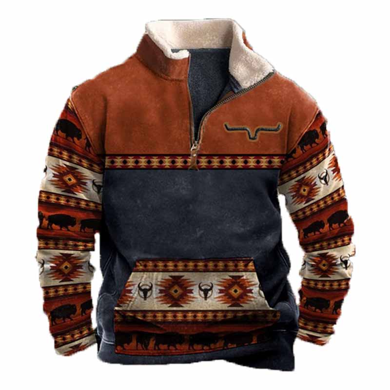 Men's Aztec Vintage Western Colorblock Zipper Stand Collar Sweatshirt - 23206