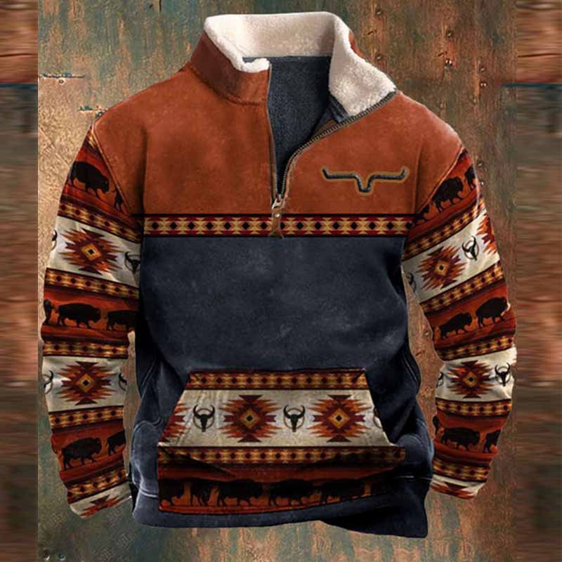 Men's Aztec Vintage Western Colorblock Zipper Stand Collar Sweatshirt - 23206