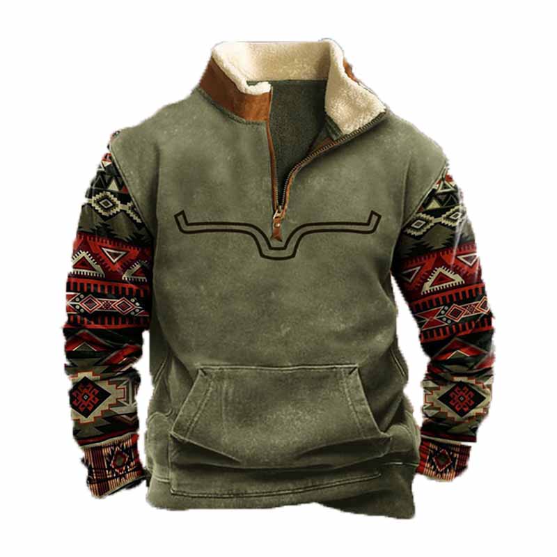 Men's Vintage Yellowstone Western Cowboy Zipper Fleece Neck Sweatshirt - 23207