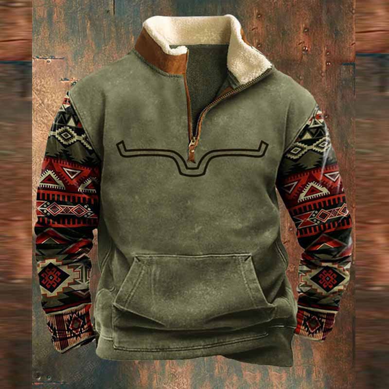 Men's Vintage Yellowstone Western Cowboy Zipper Fleece Neck Sweatshirt - 23207