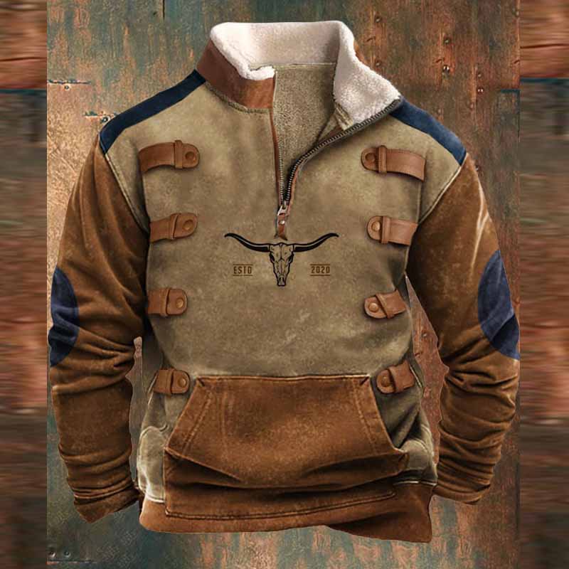 Vintage Western Cowboy Zipper Fleece Neck Sweatshirt - 23208