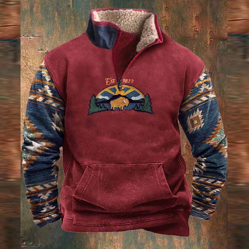 Vintage Western Cowboy Zipper Fleece Neck Sweatshirt - 23215