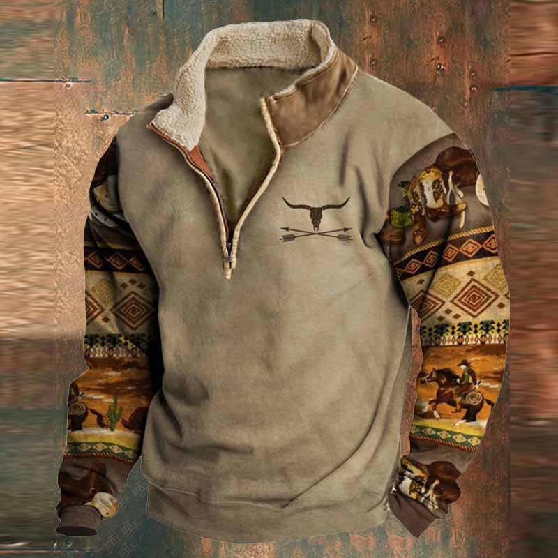 Vintage Western Cowboy Zipper Fleece Neck Sweatshirt - 23220