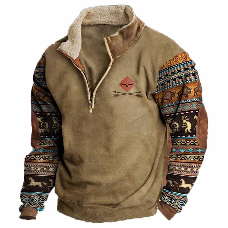 Vintage Western Cowboy Zipper Fleece Neck Sweatshirt - 23227