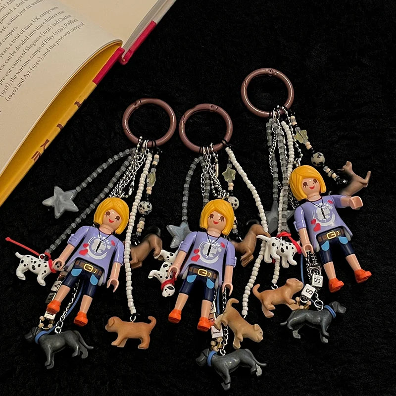 Blonde Girl Walking Dog Themed Mobi Handmade Bag Accessories & Keychains