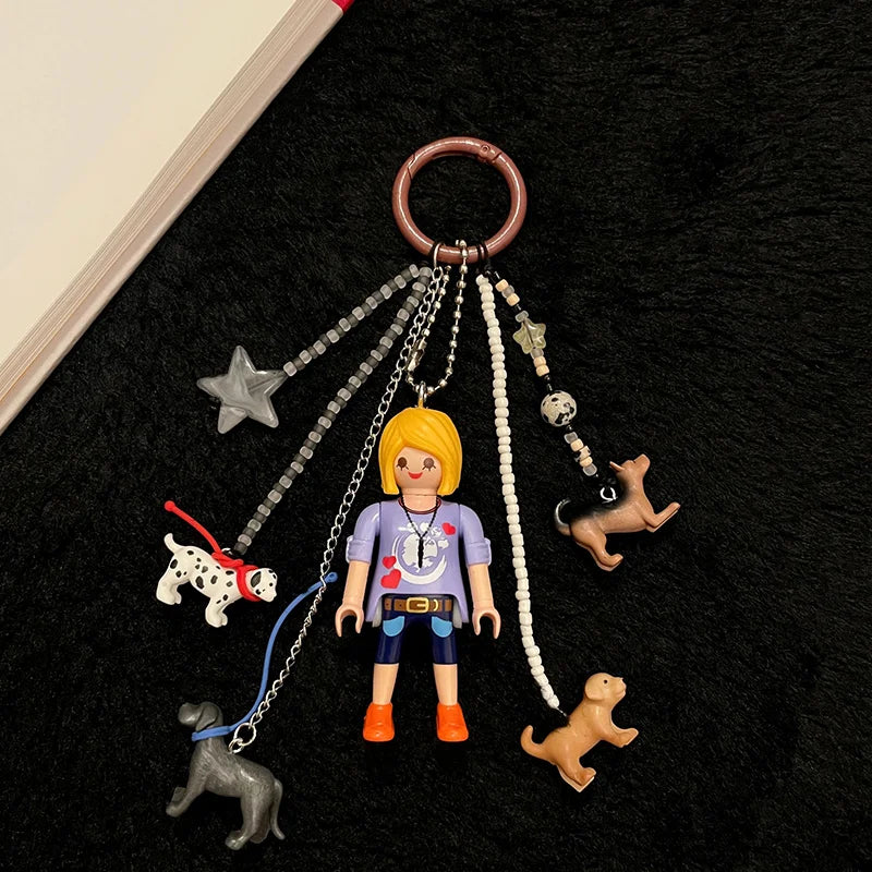 Blonde Girl Walking Dog Themed Mobi Handmade Bag Accessories & Keychains