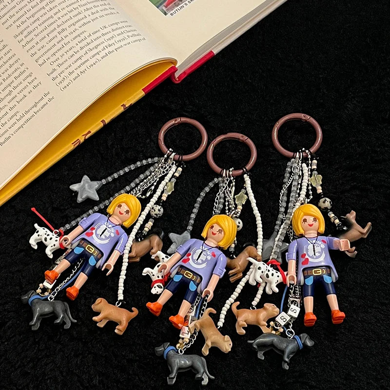 Blonde Girl Walking Dog Themed Mobi Handmade Bag Accessories & Keychains