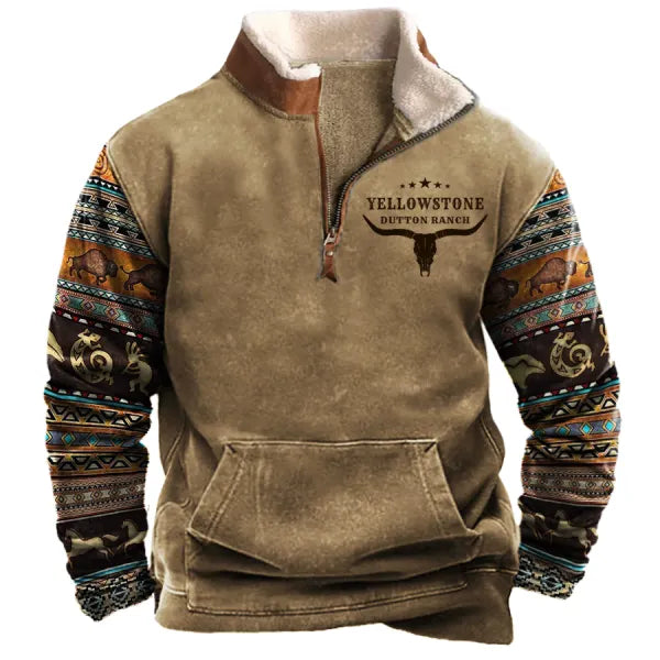 Men's Aztec Hoodies Vintage Western Yellowstone Colorblock Zipper Stand Collar Fleece Sweatshirt - 23202