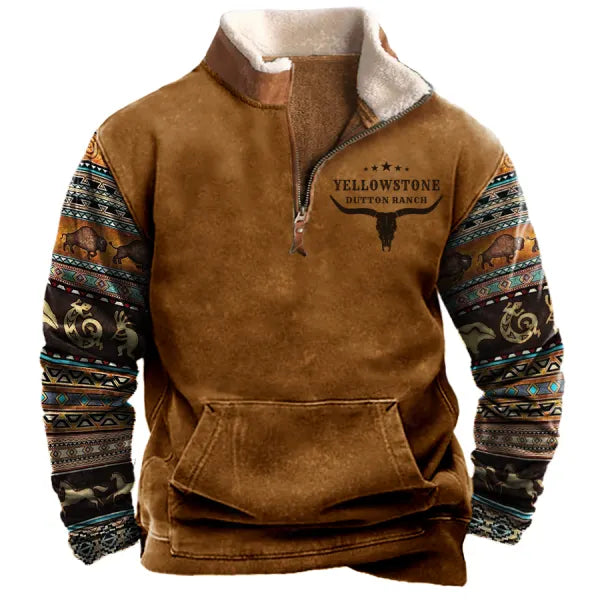 Men's Aztec Hoodies Vintage Western Yellowstone Colorblock Zipper Stand Collar Fleece Sweatshirt - 23202