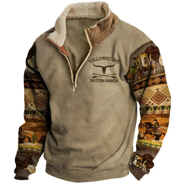 Men's Aztec Hoodie Vintage Western Yellowstone Colorblock Zipper Stand Collar Sweatshirt - 23204