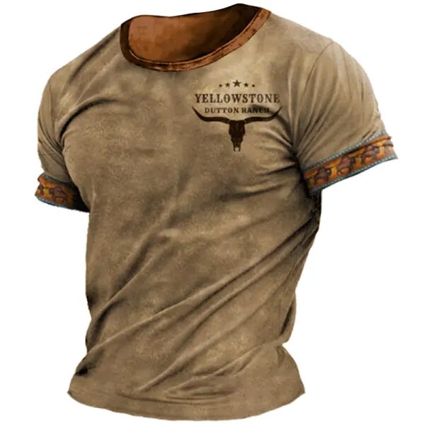 Men's T-shirt Retro Western National Style Yellowstone Print Pattern Summer Short-sleeved Color Matching Round Neck Tee - 23234