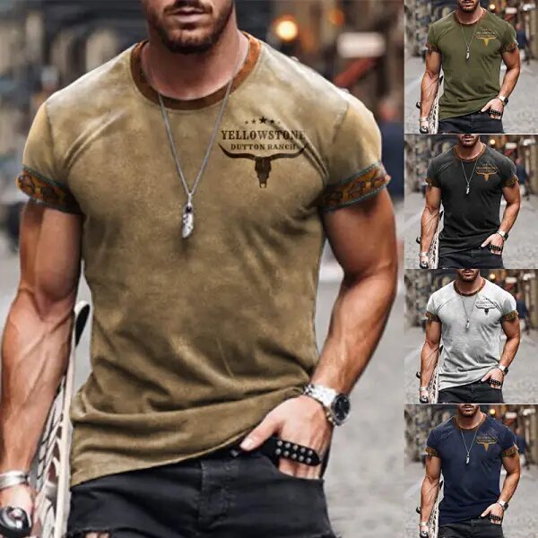 Men's T-shirt Retro Western National Style Yellowstone Print Pattern Summer Short-sleeved Color Matching Round Neck Tee - 23234