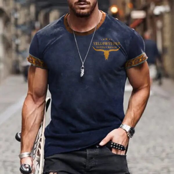 Men's T-shirt Retro Western National Style Yellowstone Print Pattern Summer Short-sleeved Color Matching Round Neck Tee - 23234