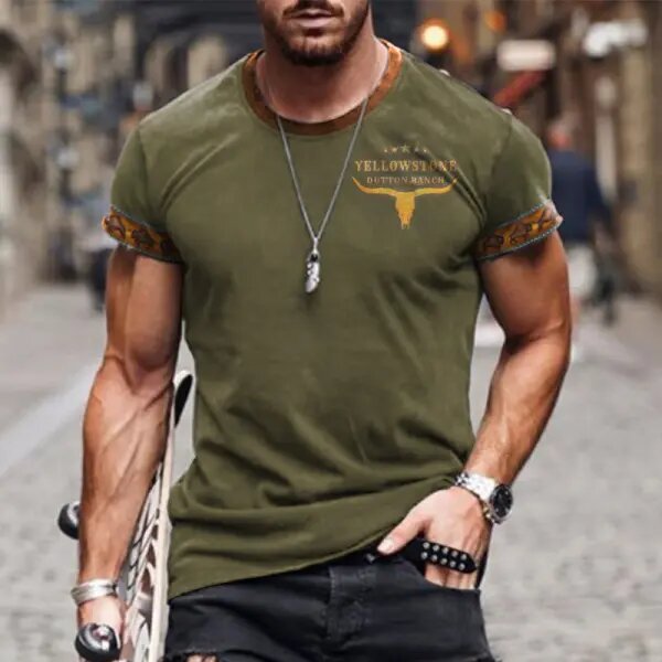 Men's T-shirt Retro Western National Style Yellowstone Print Pattern Summer Short-sleeved Color Matching Round Neck Tee - 23234