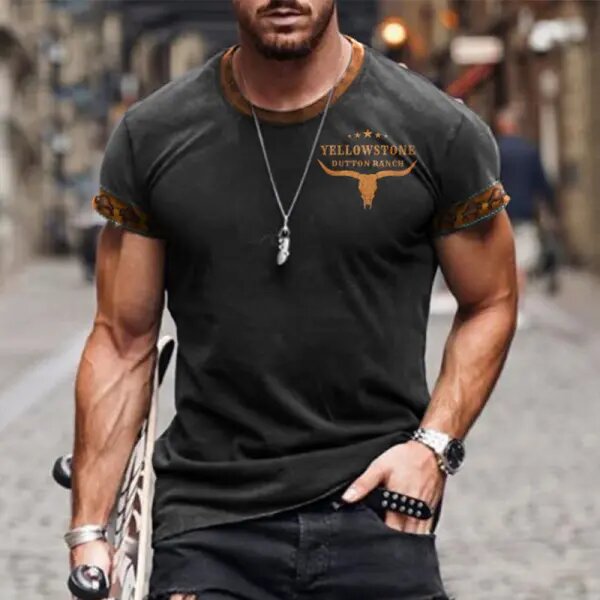 Men's T-shirt Retro Western National Style Yellowstone Print Pattern Summer Short-sleeved Color Matching Round Neck Tee - 23234