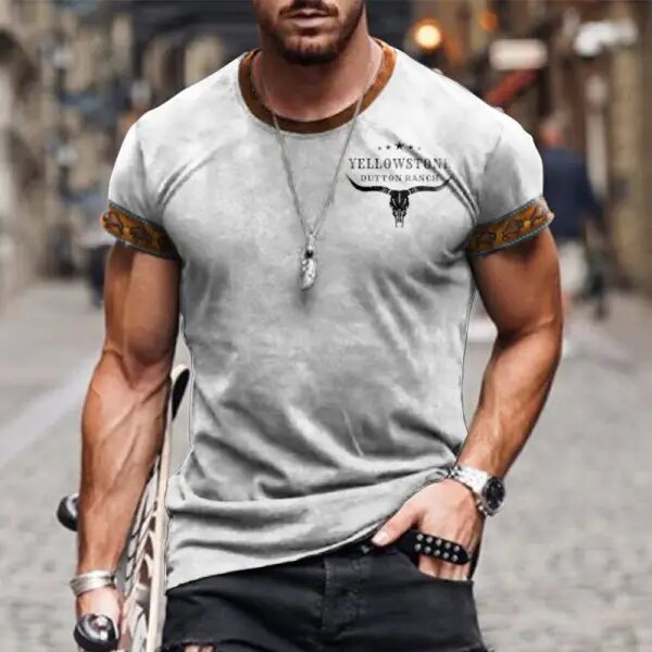 Men's T-shirt Retro Western National Style Yellowstone Print Pattern Summer Short-sleeved Color Matching Round Neck Tee - 23234