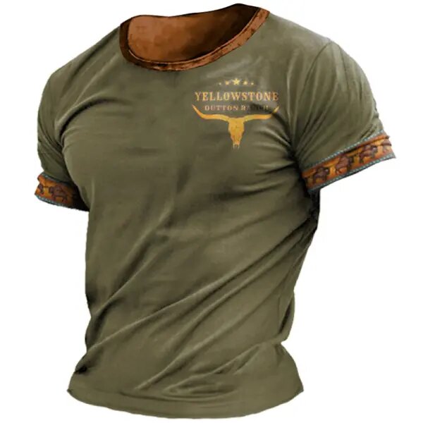 Men's T-shirt Retro Western National Style Yellowstone Print Pattern Summer Short-sleeved Color Matching Round Neck Tee - 23234