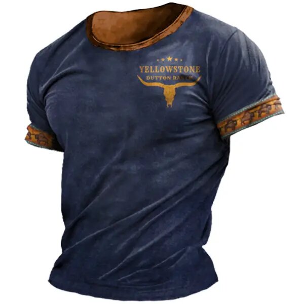 Men's T-shirt Retro Western National Style Yellowstone Print Pattern Summer Short-sleeved Color Matching Round Neck Tee - 23234