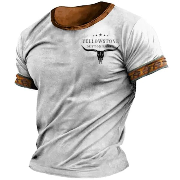 Men's T-shirt Retro Western National Style Yellowstone Print Pattern Summer Short-sleeved Color Matching Round Neck Tee - 23234