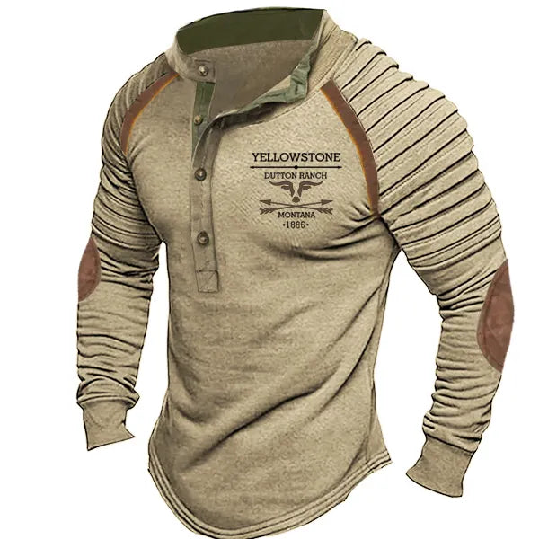 Plus Size Men's Vintage Western Yellowstone Henley Stand Collar T-Shirt Elbow Patch - 23245