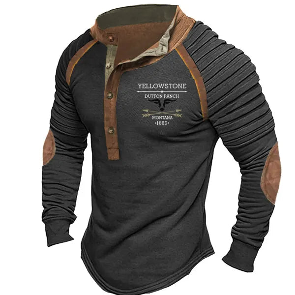 Plus Size Men's Vintage Western Yellowstone Henley Stand Collar T-Shirt Elbow Patch - 23245