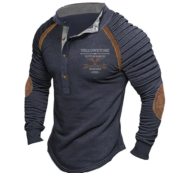 Plus Size Men's Vintage Western Yellowstone Henley Stand Collar T-Shirt Elbow Patch - 23245