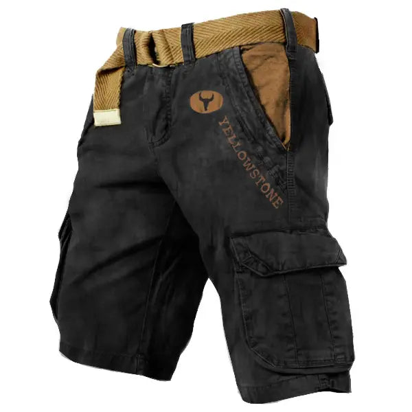 Men's Vintage Yellowstone Wash Print Multi-Pocket Tactical Shorts - 23250