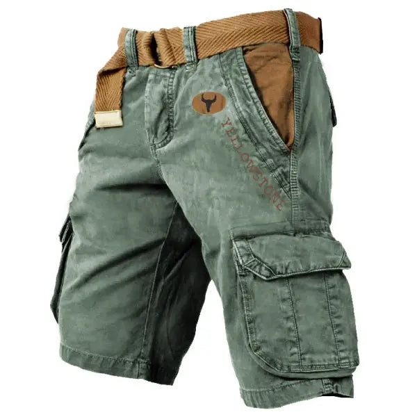 Men's Vintage Yellowstone Wash Print Multi-Pocket Tactical Shorts - 23250