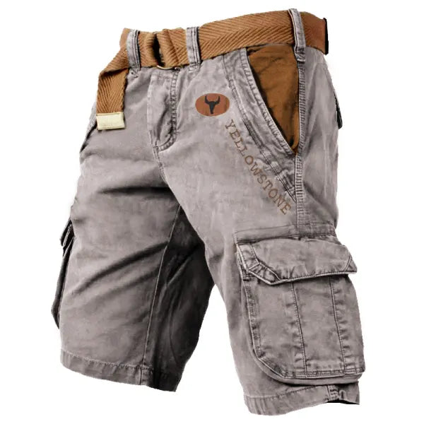 Men's Vintage Yellowstone Wash Print Multi-Pocket Tactical Shorts - 23250