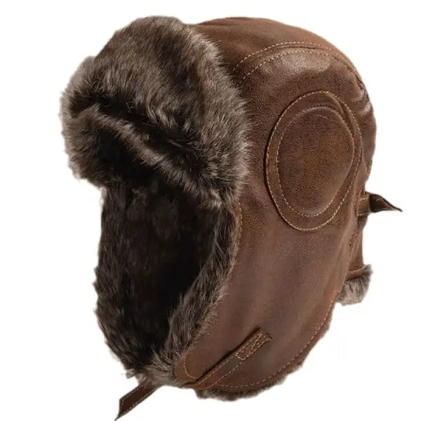 Retro Distressed Leather Outdoor Pilot Hat Fleece Windproof Ear Protection Hat To Keep Warm During Winter Cycling - 23288