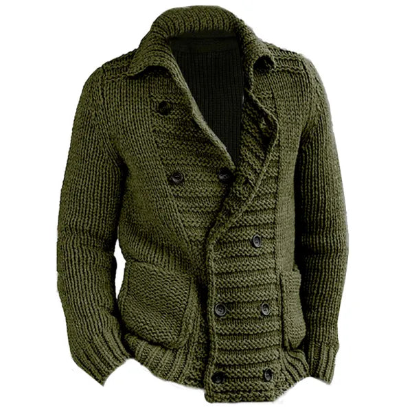 Men Double Breasted Cardigan Shawl Collar Sweater Coat Cable Knitted Button Down Slim Fit Plain Cardigans Tops - 23290