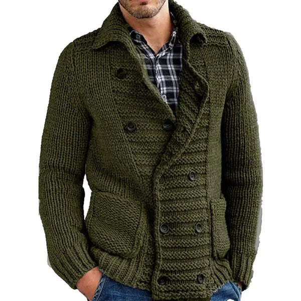 Men Double Breasted Cardigan Shawl Collar Sweater Coat Cable Knitted Button Down Slim Fit Plain Cardigans Tops - 23290